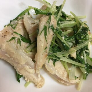 鳥手羽中と水菜の塩麹炒め